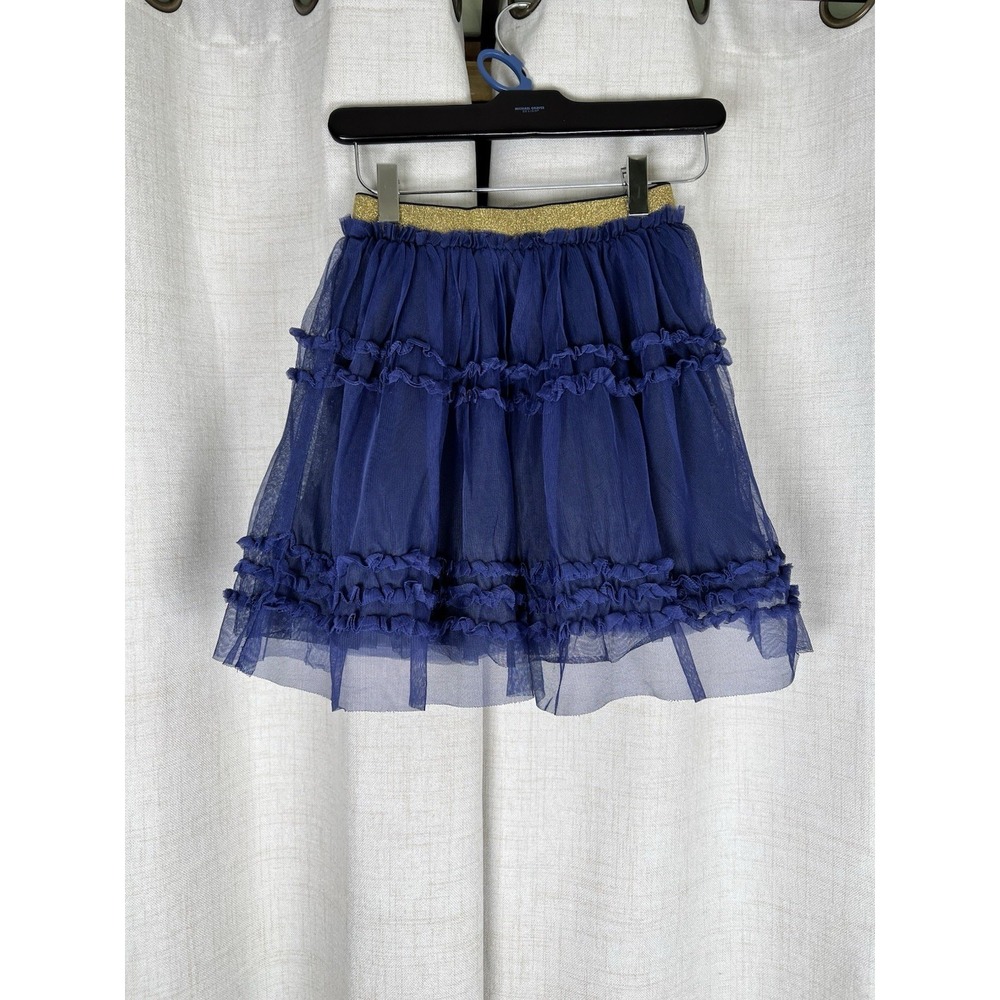 Mini Boden Navy Blue Embroided Tulle Skirt Gold Glitter Waistband Girls Sz 7-8y